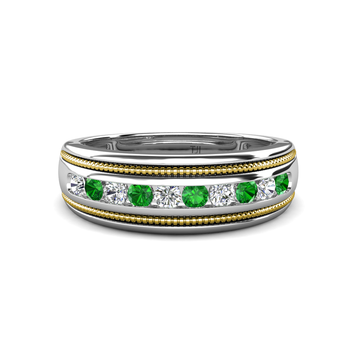 Zaid 0.57 ctw Round Lab Grown Diamond and Green Garnet Two Toned and High Polished Edges Men Wedding Band (8 mm) 